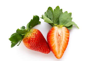 Ripe half strawberry isolated on white background.