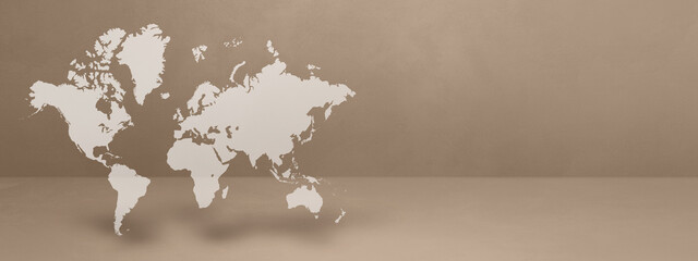 World map on beige wall background. 3D illustration. Horizontal banner