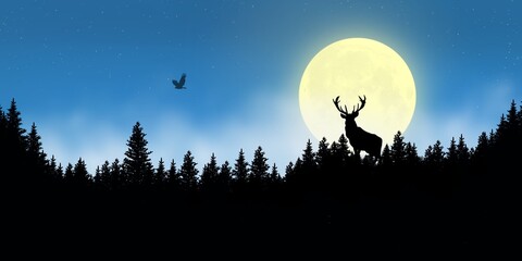 Hintergrund Panorama Nacht Silhouette schwarz Wald Wild Hirsch Mond majestätisch Nebel blau Wolken Halloween Abend Untergang Vollmond leuchten scheinen Banner Natur mystisch Jagd geheimnisvoll  