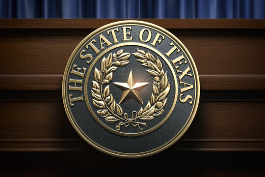 Symbol and big seal of State of Texas on the tribune. Press conference of governor of Texas or others political events of Texas concept.