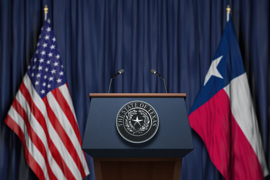 Press conference of governor of the state of Texas concept. Big Seal of the State of Texas on the tribune with flag of USA and Texas state.