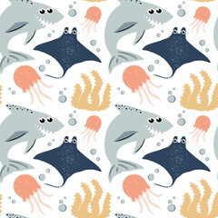 Vector hand-drawn colored childish pattern in scandinavian style on a white background. Cute  animals. Shark, stingray, jellyfish and bubbles.
