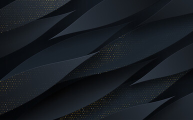 Abstract 3d background with layers of black paper. Vector geometric illustration of carbon sliced shapes with gold glittering elements. Graphic design element.