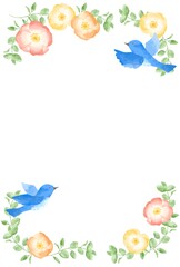 Obraz na płótnie Canvas 優しいタッチの幸せを運ぶ青い鳥とポピーとユーカリのフレーム