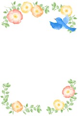 優しいタッチの幸せを運ぶ青い鳥とポピーとユーカリのフレーム