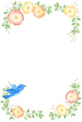 優しいタッチの幸せを運ぶ青い鳥とポピーとユーカリのフレーム