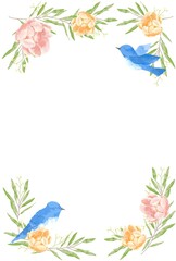 優しいタッチの幸せを運ぶ青い鳥と薔薇と勿忘草とユーカリのフレーム