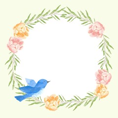 Obraz na płótnie Canvas 優しいタッチの幸せを運ぶ青い鳥と薔薇とユーカリのフレーム