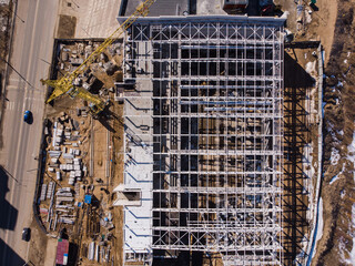 Aerial flight over a construction site.Top view.Aerial photography