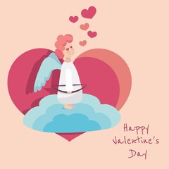 Small, cupid looks at hearts. Valentine's Day illustration. Vector illustration in cartoon style. Flat image.