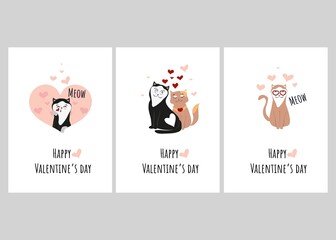 Set of cards for Valentine's day with cats. Lovely cats. Happy Valentine's Day. Minimalism. Typography. Vector illustration of animals.