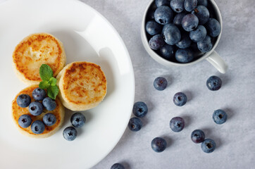 Cottage cheese pancakes, syrniki with blueberry in a white plate.