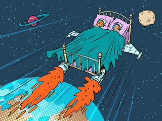 astronauts sleep in a rocket bed. Conquering other planets © rogistok