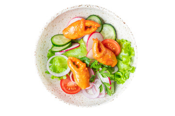 crab salad claws vegetable seafood surimi crab sticks tomato, cucumber, lettuce meal snack copy space food background rustic 