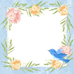 Fototapeta na wymiar 優しいタッチの幸せを運ぶ青い鳥と薔薇と勿忘草とユーカリのフレーム