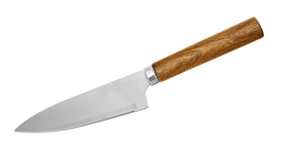 Kitchen knife isolated on white background. Chef's knife. Butcher knife. Kitchen knife with a wooden handle. Professional kitchen utensils and utensils.