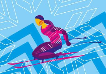 Skier on a bright blue background. Winter Paralympic sports. Decorative stylish design. Vector graphics