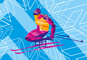Skier on a bright geometric background. Winter Paralympic sports. Decorative stylish design. Vector graphics