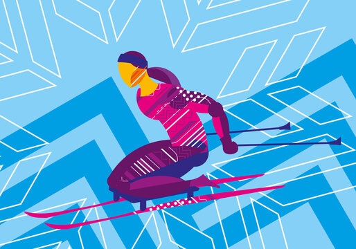 Skier On A Bright Blue Background. Winter Paralympic Sports. Decorative Stylish Design. Vector Graphics