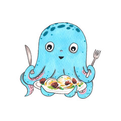 Hand drawn watercolor illustration. Clipart for children design. Cute happy blue hungry baby octopus holds fork, knife and plate of delicious pasta for lunch or dinner to eat food.
