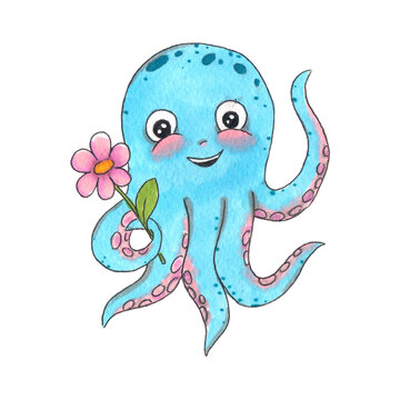 Hand drawn watercolor illustration. Clipart for children design. Cute happy blue baby octopus, holding flower, smiles, say hello, greeting and waving tentacle.