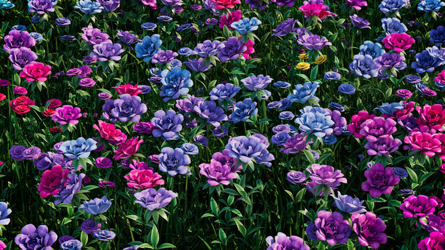 Multicolored Flower Background. Floral Wallpaper with Pink, Purple and Blue Roses. 3D Render