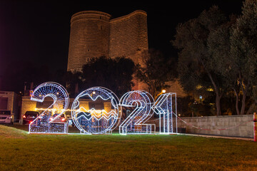Giz Galasi or Maiden Tower at night time. Baku - Azerbaijan: 2 January 2021.
