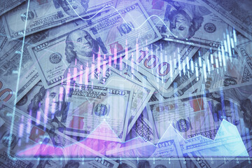Multi exposure of forex chart drawing over us dollars bill background. Concept of financial success markets.