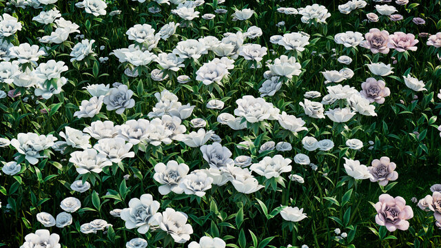 Multicolored Flower Background. Floral Wallpaper with White and Pastel colored Roses. 3D Render