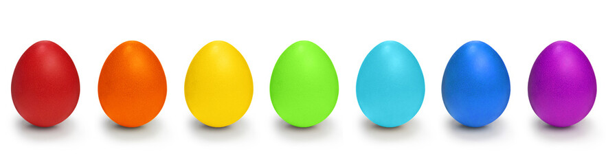 Collection eggs painted in rainbow colors.