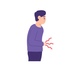 illustration of a man holding his stomach, his stomach churning from hunger. get an upset stomach or an ulcer. flat style. vector design