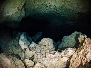 Stalactite underwater cave (Cenote Tajma Ha, Playa del Carmen, Quintana Roo, Mexico)