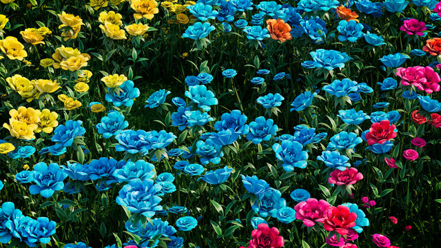 Multicolored Flower Background. Floral Wallpaper with Yellow, Turquoise and Pink Roses. 3D Render