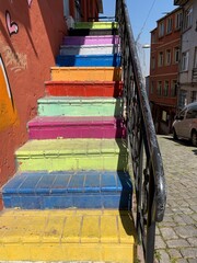 Colorful stairs leading in a cafe