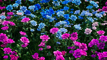 Multicolored Flower Background. Floral Wallpaper with Pink, Lilac and Blue Roses. 3D Render