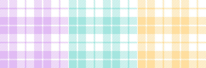 Plaid pattern set in pastel purple, green, yellow, white. Seamless colorful textured tartan check light vector graphics for tablecloth, towel, throw, other modern spring summer fashion textile design.