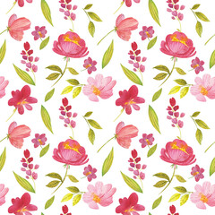 Seamless floral pattern with wildflowers on a light background, watercolor. Perfect design template for textiles, interior, clothing, wallpaper. Botanical art.