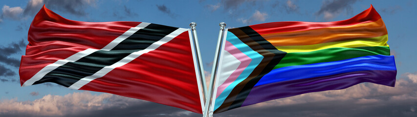 Fototapeta na wymiar Trinidad and Tobago Flag and New LGBT Flag waving with texture Blue sky could Double flag 