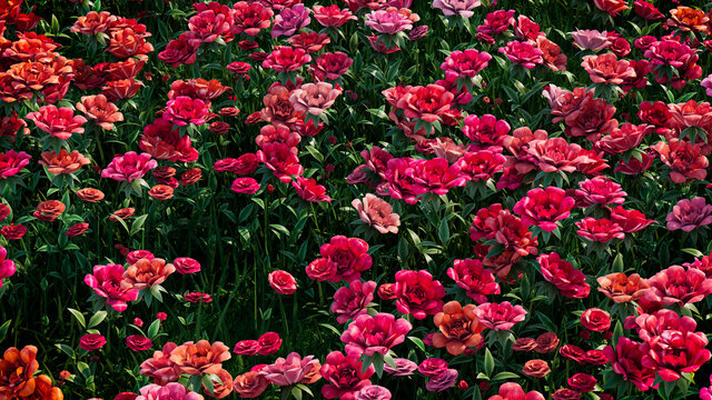 Multicolored Flower Background. Floral Wallpaper with Red Roses. 3D Render