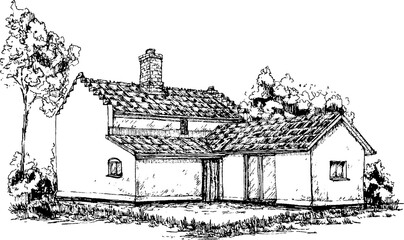old classic british house exterior sketch monochromatic freehand drawing on white background. English country house  © Marina