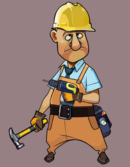 cartoon man in the uniform of a worker in a helmet with tools in his hands