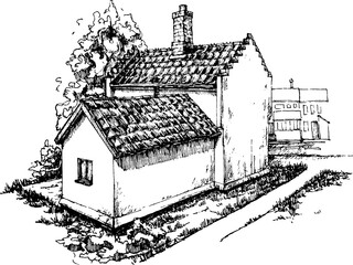 Obraz premium old classic british house exterior sketch monochromatic freehand drawing on white background. English country house 