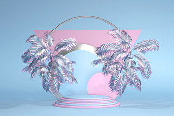 Pastel pink blue podium, stand on geometric background with tropical palm leaves for advertising. Showcase for cosmetic products and goods, shoes, bags, watches. 3D summer style abstract illustration