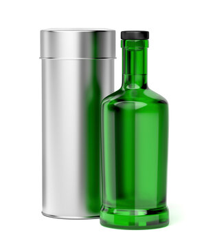 Green Glass Bottle For Alcoholic Beverage And Metal Box On White Background