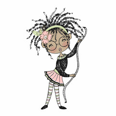 Cute black dressmaker girl with a sewing meter. Doodle style. Vector