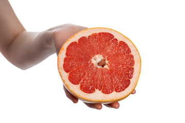 Happy young woman holding grapefruits isolated on white studio background.