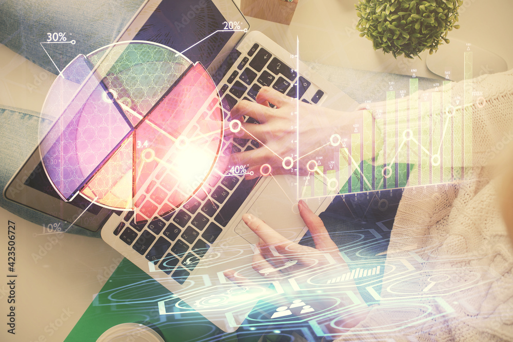Poster double exposure of woman hands working on computer and forex chart hologram drawing. top view. finan