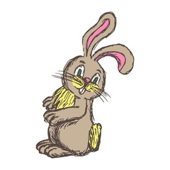 Vector illustration of a cute cheerful bunny sitting sideways. Cute easter character. Hand-drawn shaded drawing. Cartoon kids animal doodle