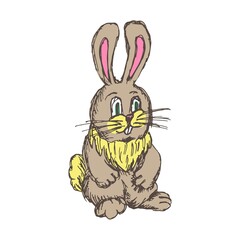 Vector grunge clipart of brown standing hare isolated on white background. Cute easter character. Hand-drawn shaded drawing. Cartoon kids animal doodle