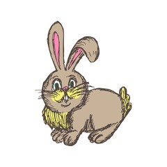 Funny brown rabbit sitting, vector vintage illustration isolated on white background. Cute easter character. Hand-drawn shaded drawing. Cartoon kids animal doodle